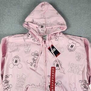 Disney Mickey Mouse‎ Embroidered Hoodie Women Size XL Pink AOP Full Zip Fleece